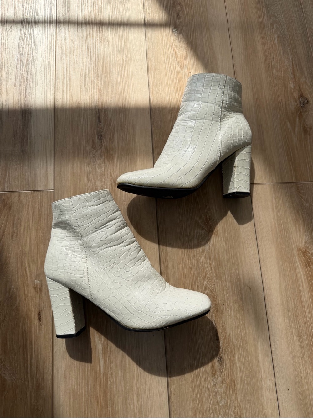 Women's Cream Croc-Embossed Block Heel Ankle Boots